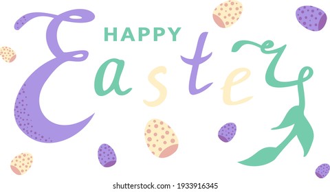 Happy Easter - greeting card with lettering and dotted Easter eggs. Vector illustration design template