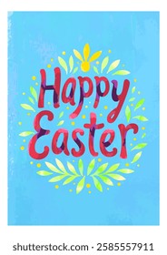 Happy Easter greeting card with lettering and flowers. Vector illustration.