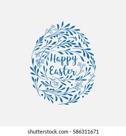 Happy Easter greeting card with lettering and floral elements in the egg shape 