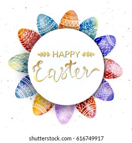 Happy Easter greeting card with lettering composition and doodle hand drawn eggs.