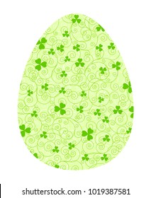 Happy Easter greeting card. Light green swirls and clover leaves pattern egg vector illustration isolated over white.