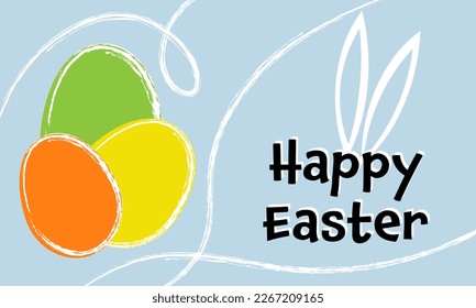 Happy Easter greeting card. Light blue background with colorful Easter eggs and bunny ears.
