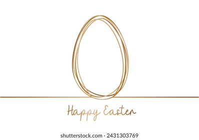 Happy Easter greeting card with line art gold easter egg on isolated white background. Vector illustration