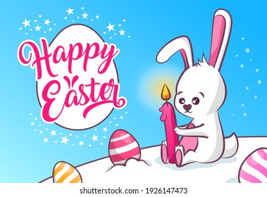 Happy Easter greeting card. Little white Easter bunny with pink burning candle and colorful Easter eggs. Vector holiday web banner with "happy easter" title.
