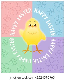 Feliz Pascua. Tarjeta de felicitación con el pollito dentro del huevo. Lindo personaje de dibujos animados. Ilustración vectorial.