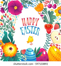 Happy Easter Greeting Card. Little Chicken and Eggs. Festive Floral and Berry banner background. Decorative Happy Holiday Illustration for print, web.