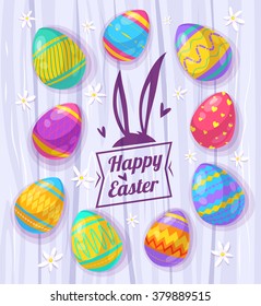 Happy Easter greeting card with logo wood texture and eggs. Vector cartoon illustration. Cute stylish characters. Vector stock illustration.