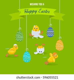 Happy easter greeting card. Lovely chickens have fun, celebrate, indulge, in Easter, run, fly, paint eggs, sing. Vector illustration. Can be used in banners, invitation, postcards, poster.
