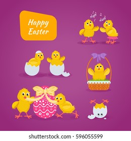Happy easter greeting card. Lovely chickens have fun, celebrate, indulge, in Easter, run, fly, paint eggs, sing. Vector illustration. Can be used in banners, invitation, postcards, poster.