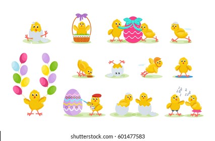 Happy easter greeting card. Lovely chickens have fun, celebrate, indulge, in Easter, run, fly, paint eggs, sing. Vector illustration. Can be used in banners, brochures, postcards, congratulations.