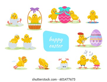Happy easter greeting card. Lovely chickens have fun, celebrate, indulge, in Easter, run, fly, paint eggs, sing. Cartoon vector illustration isolated