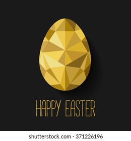 Happy Easter greeting card in low poly triangle style.  Flat design polygon of golden egg isolated on black background. Vector illustration. Perfect for greeting card or elegant party invitation.