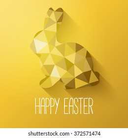 Happy Easter greeting card in low poly triangle style.  Flat design polygon of golden easter bunny. Vector illustration.