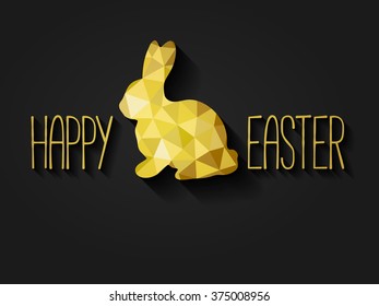 Happy Easter greeting card in low poly triangle style.  Flat design polygon of golden easter bunny isolated on black background. Vector illustration.