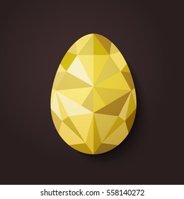 Happy Easter greeting card in low poly triangle style. Flat design polygon of golden egg isolated on black background. Vector illustration.