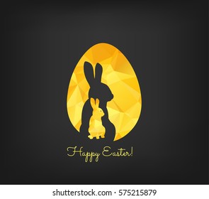 Happy Easter greeting card in low poly triangle style. Flat design polygon of golden easter egg and bunny isolated on black background