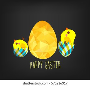 Happy Easter greeting card in low poly triangle style. Flat design polygon of golden easter egg and chicken isolated on black background
