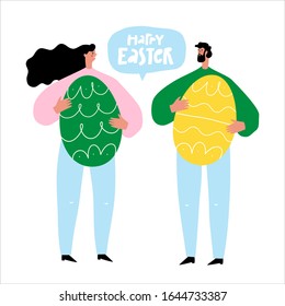Happy Easter greeting card. Man and woman hold eggs. People flat illustration. 