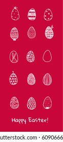 Happy Easter greeting card with many graphics eggs. Vector conceptual illustration. White line and red background