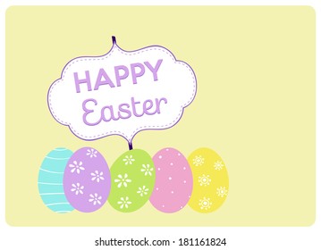 happy easter greeting card with message and easter eggs decorated