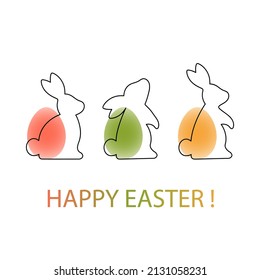 Happy Easter! Easter greeting card. Minimalism. Silhouettes of rabbits with bright eggs shaped accents. Vector illustration.