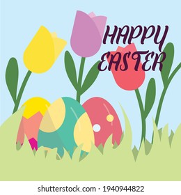 Happy Easter Greeting card minimalist style- flat design. Colorful and vibrant, 3 eggs in grass and tulips vector design