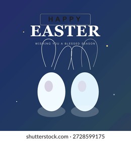 Happy Easter Greeting Card with Minimalist Bunny Ears and White Eggs on Gradient Blue Background for Blessed Spring Season