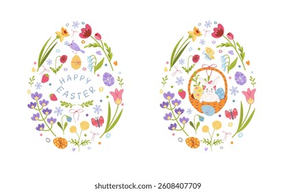 Happy Easter, Easter greeting card, modern design, banner. Hand drawn Eggs with a pattern, rabbit, flowers and a basket. Bright festive design.