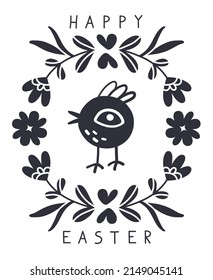 Happy Easter greeting card. Monochrome vector illustration with hand lettering phrase, little chicken and floral wreath on a white background. Modern design in folk style.
