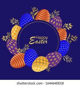 Happy easter. Greeting card with easter motifs. Colorful easter eggs, golden leaves and golden letters. Isolated vector illustration.