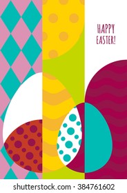 Happy Easter greeting card. Multicolor illustration of egg with geometric pattern. Abstract flat color blocking background. 