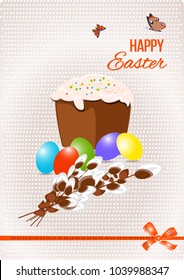 Happy easter Greeting Card. On the background calligraphy. Congratulations on the holiday. A lot of Easter eggs.