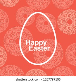 Happy Easter. Greeting card on a background of coral color.  Vector illustration.