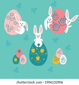Happy Easter greeting card on a turquoise background. Vector illustration with Easter bunnies and colorful eggs