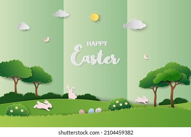 Happy easter greeting card on green paper craft background,rabbits jumping on grass for festive spring holiday,poster,banner or wallpaper,vector illustration