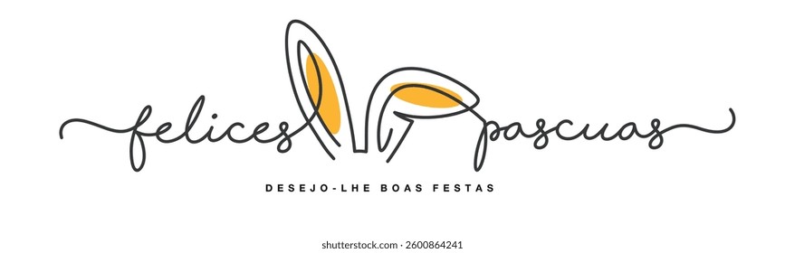 Happy Easter greeting card on Spanish language. Easter rabbit ears in the middle of handwritten calligraphy lettering line design on a white background