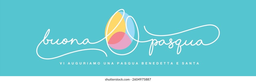 Happy Easter greeting card on Italian language. Happy Easter continuous handwritten calligraphy lettering line design and colorful Easter egg in the middle on sea green background