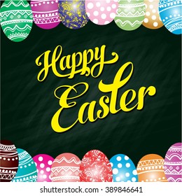 Happy easter greeting card on the dark green chalk board background. vector illustration