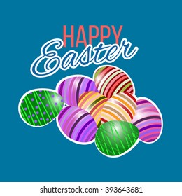 Happy easter Greeting Card. On the dark green wooden background calligraphy. Congratulations on the holiday. A lot of Easter eggs.