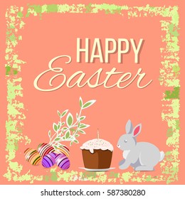 Happy easter Greeting Card. On the background calligraphy. Congratulations on the holiday. A lot of Easter eggs.