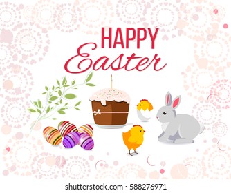 Happy easter Greeting Card. On the background calligraphy. Congratulations on the holiday. A lot of Easter eggs.