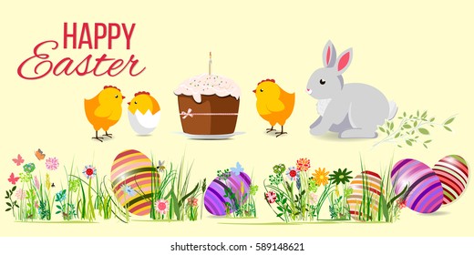 Happy easter Greeting Card. On the background calligraphy. Congratulations on the holiday. A lot of Easter eggs.