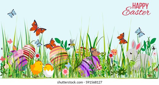 Happy easter Greeting Card. On the background calligraphy. Congratulations on the holiday. A lot of Easter eggs.