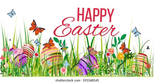 Happy easter Greeting Card. On the background calligraphy. Congratulations on the holiday. A lot of Easter eggs.