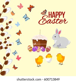 Happy easter Greeting Card. On the background calligraphy. Congratulations on the holiday. A lot of Easter eggs.