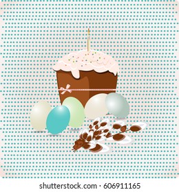Happy easter Greeting Card. On the background calligraphy. Congratulations on the holiday. A lot of Easter eggs.