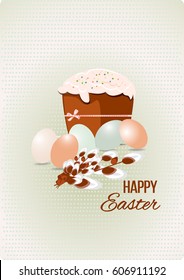 Happy easter Greeting Card. On the background calligraphy. Congratulations on the holiday. A lot of Easter eggs.