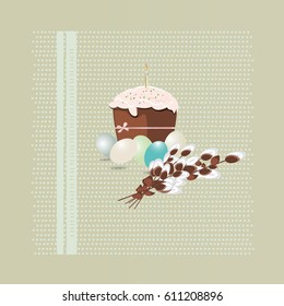 Happy easter Greeting Card. On the background calligraphy. Congratulations on the holiday. A lot of Easter eggs.