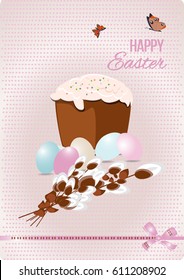 Happy easter Greeting Card. On the background calligraphy. Congratulations on the holiday. A lot of Easter eggs.
