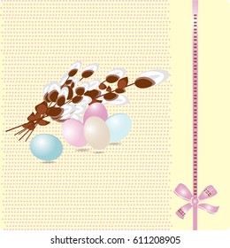 Happy easter Greeting Card. On the background calligraphy. Congratulations on the holiday. A lot of Easter eggs.